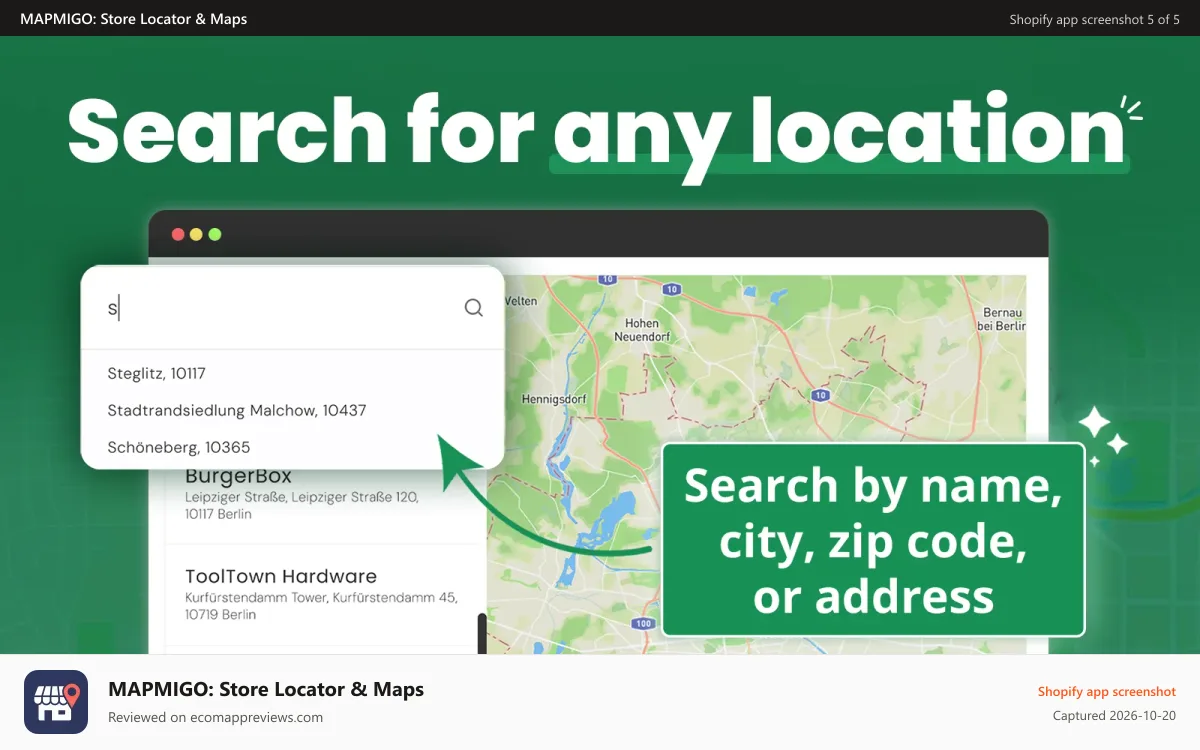 MAPMIGO: Store Locator & Maps Shopify app screenshot: Search for any location. Search by name or address
