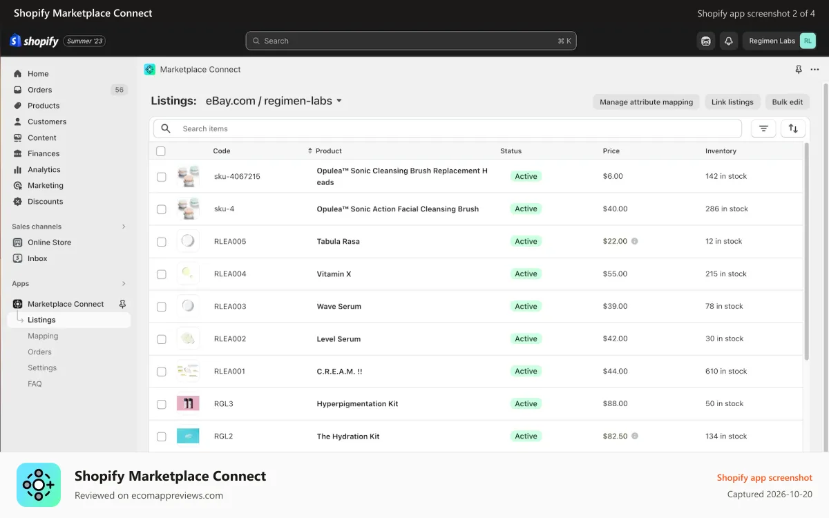 Shopify Marketplace Connect Shopify app screenshot: Product Listings