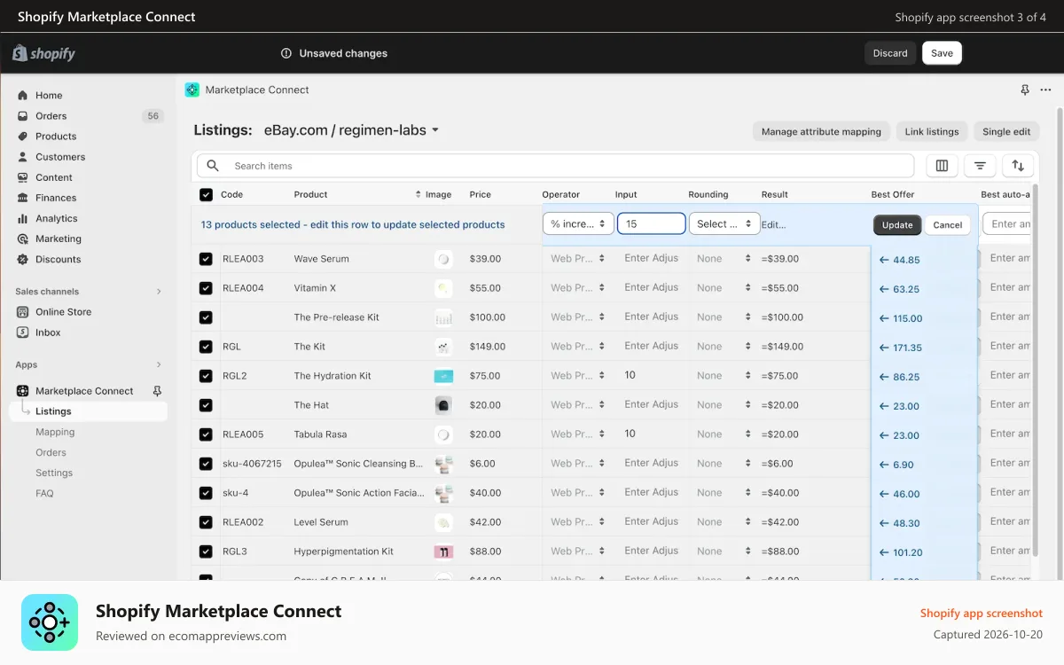 Shopify Marketplace Connect Shopify app screenshot: Product Listings Bulk Editor
