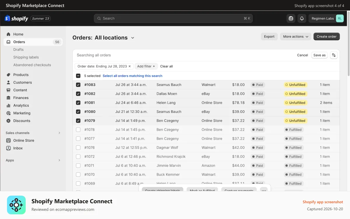 Shopify Marketplace Connect Shopify app screenshot: Shopify Orders index with marketplace orders