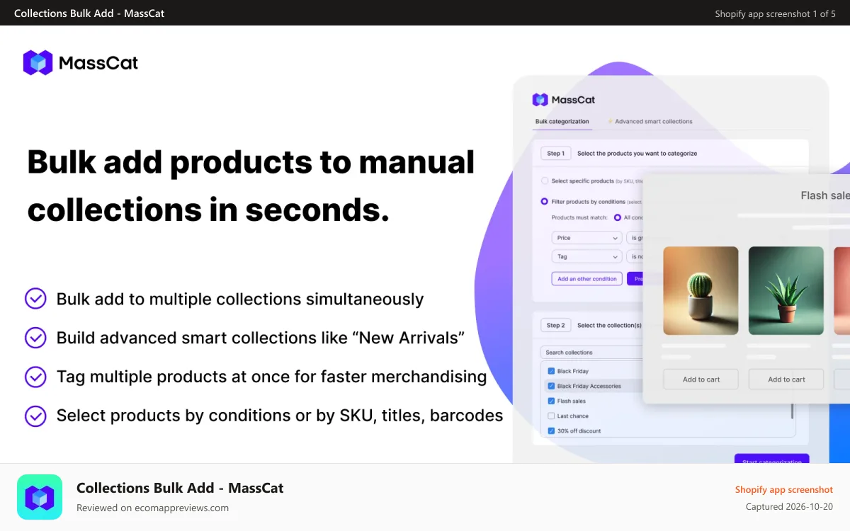 Collections Bulk Add ‑ MassCat Shopify app screenshot: bulk add products to manual collections