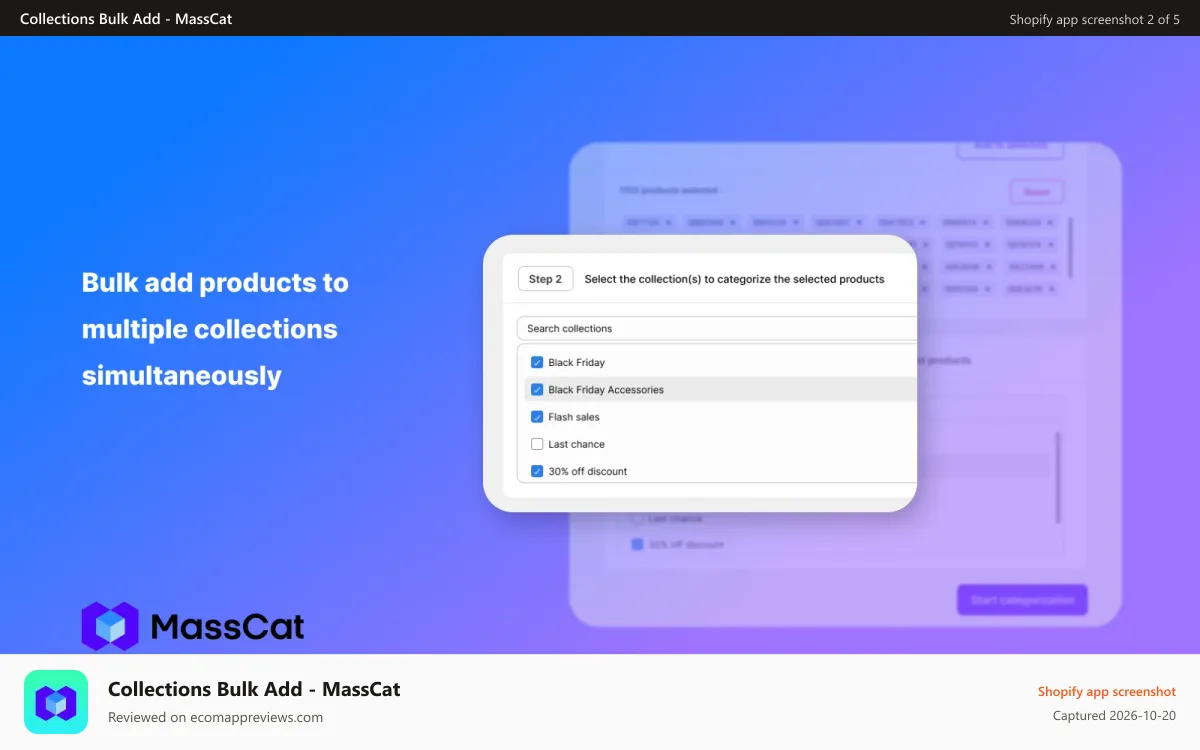 Collections Bulk Add ‑ MassCat Shopify app screenshot: bulk add to multiple collections simultaneously