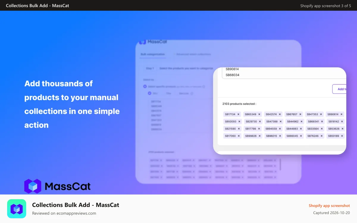 Collections Bulk Add ‑ MassCat Shopify app screenshot: add thousands products in one simple action