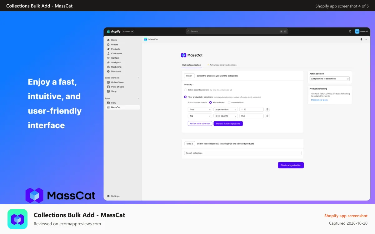 Collections Bulk Add ‑ MassCat Shopify app screenshot: user-friendly interface