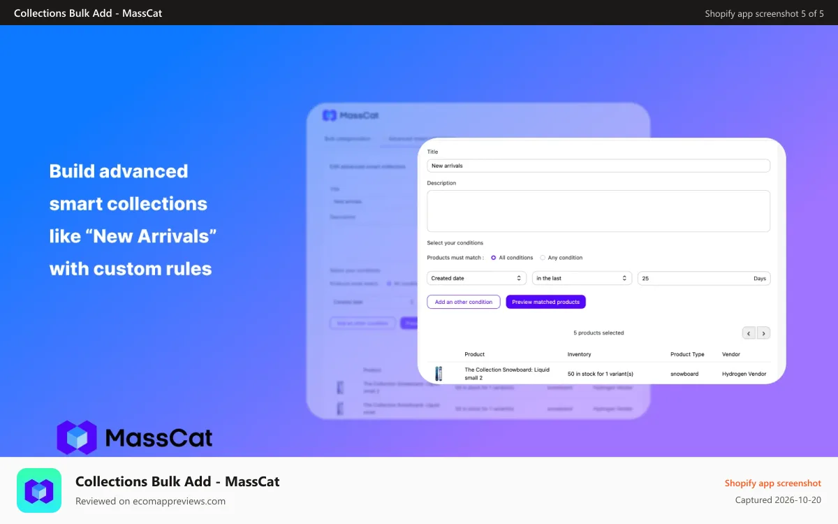 Collections Bulk Add ‑ MassCat Shopify app screenshot: Build advanced smart collections like “New Arrivals” with rules
