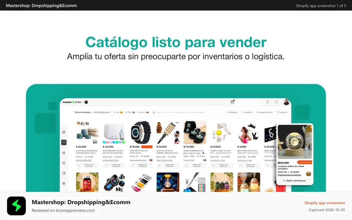 Mastershop: Dropshipping&Ecomm Shopify app screenshot: Vista de Mercado de Productos