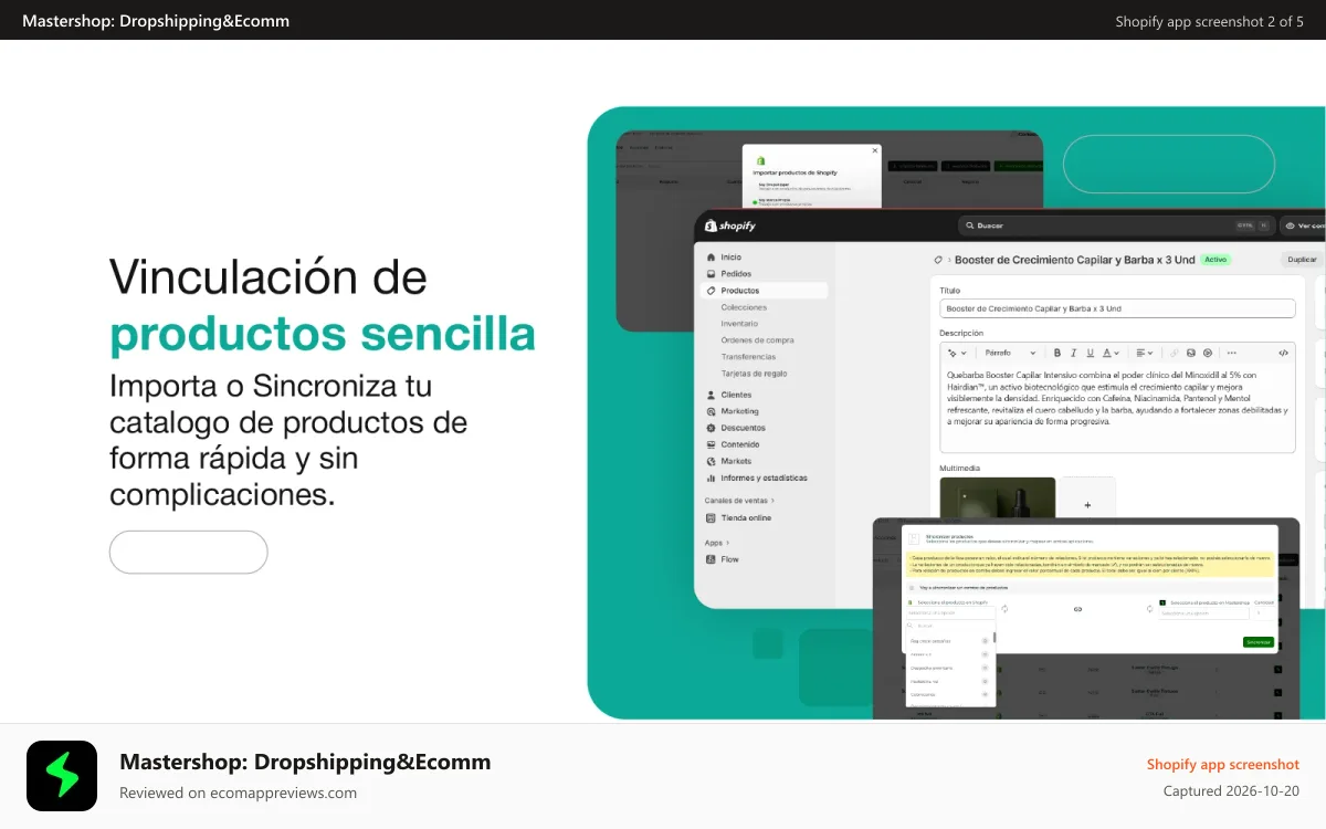 Mastershop: Dropshipping&Ecomm Shopify app screenshot: Sincronización de Productos