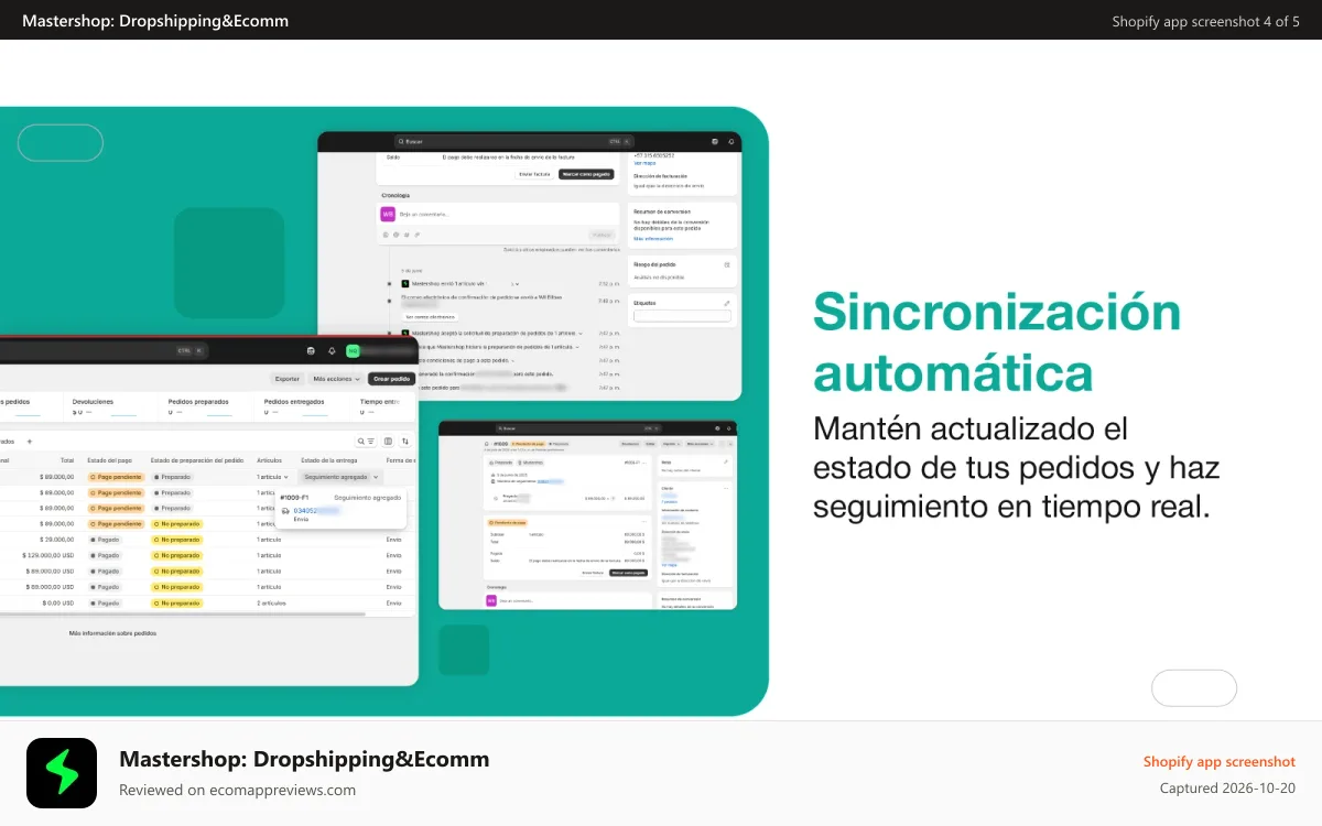 Mastershop: Dropshipping&Ecomm Shopify app screenshot: Actualziación de Estados