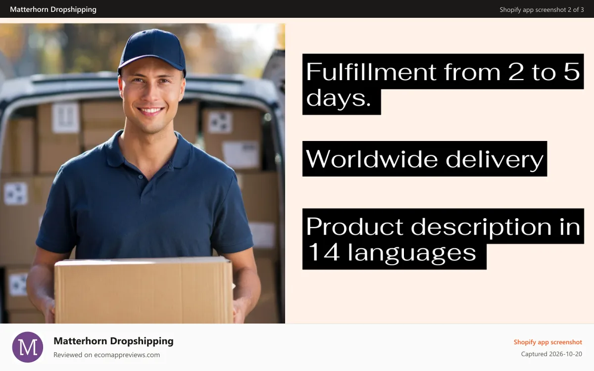 Matterhorn Dropshipping Shopify app screenshot: Delivery from Europe - multilanguage