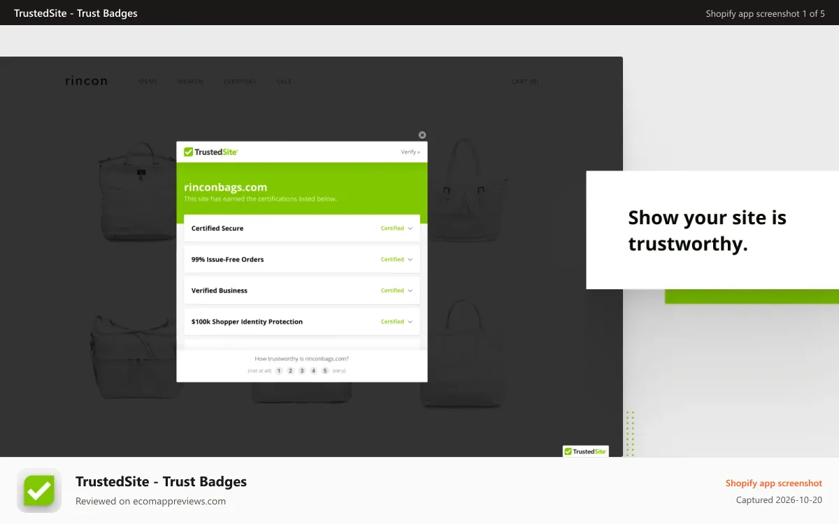 TrustedSite ‑ Trust Badges Shopify app screenshot: Show your site is trustworthy with verifiable trust badges.