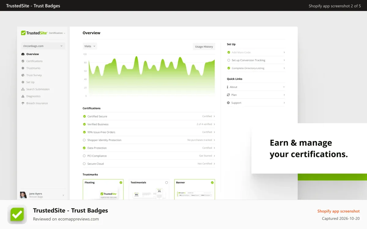 TrustedSite ‑ Trust Badges Shopify app screenshot: Earn and manage TrustedSite certifications in the embedded app