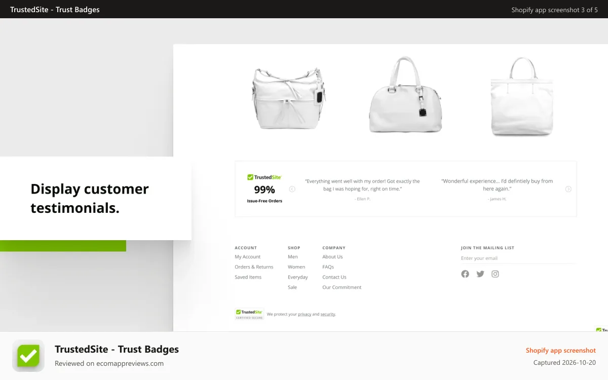 TrustedSite ‑ Trust Badges Shopify app screenshot: Display customer testimonials on your website as social proof