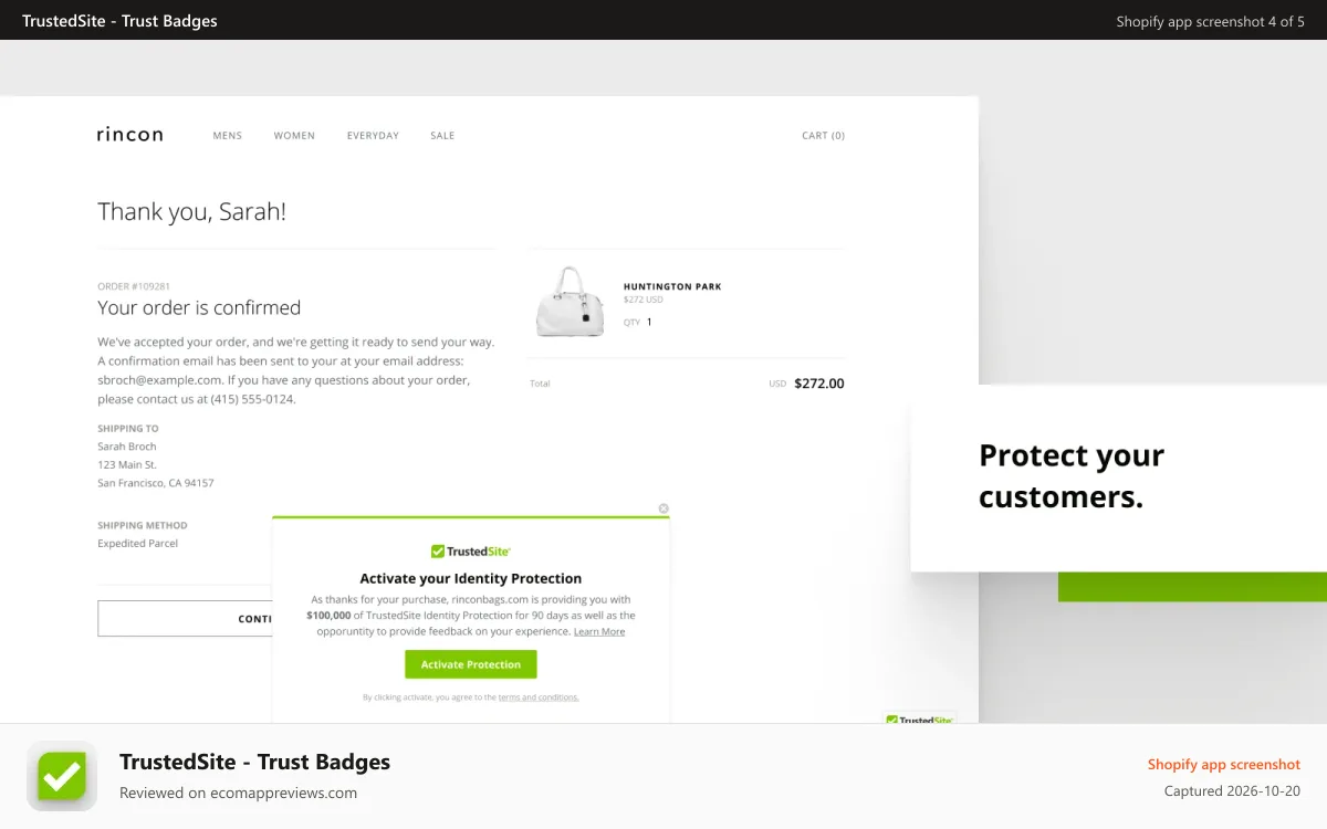TrustedSite ‑ Trust Badges Shopify app screenshot: Protect your customers with identity theft protection.