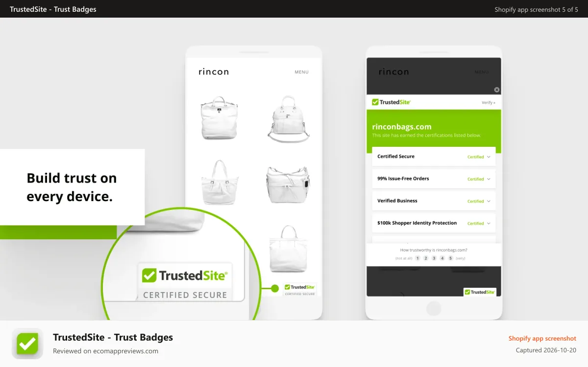 TrustedSite ‑ Trust Badges Shopify app screenshot: Build trust on every device with a mobile-optimized trust badge