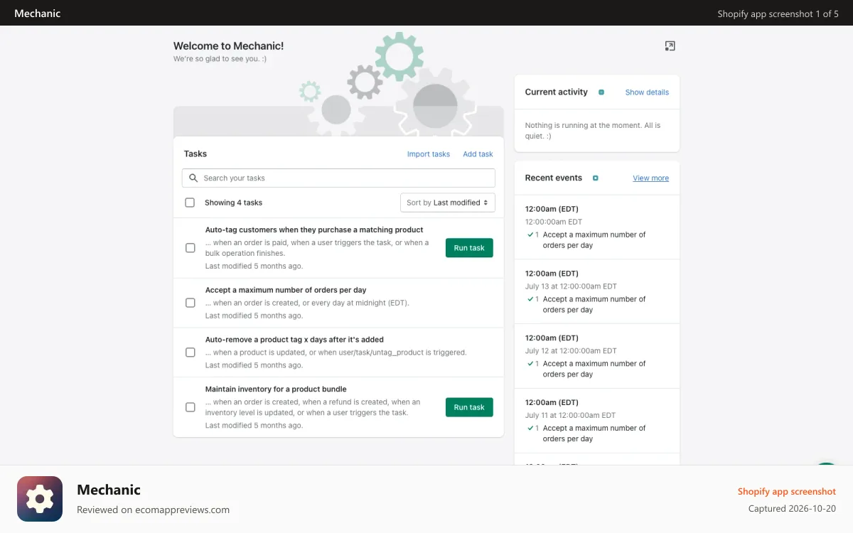 Mechanic Shopify app screenshot: Home screen, with three automations installed