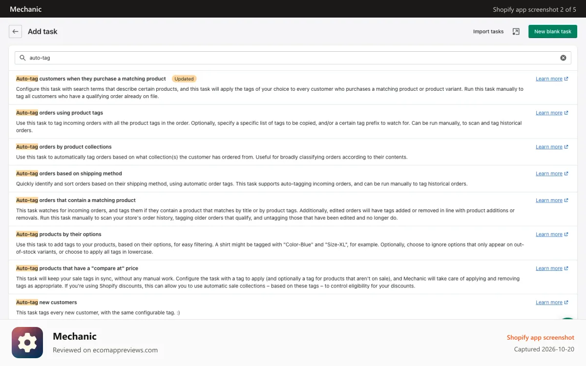 Mechanic Shopify app screenshot: Searching for automations in our workflow automation library