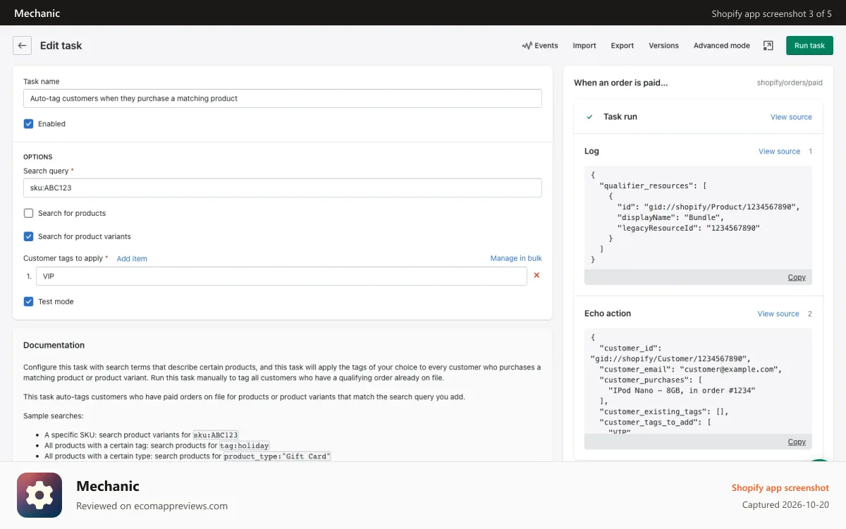 Mechanic Shopify app screenshot: Editing a automation's configuration