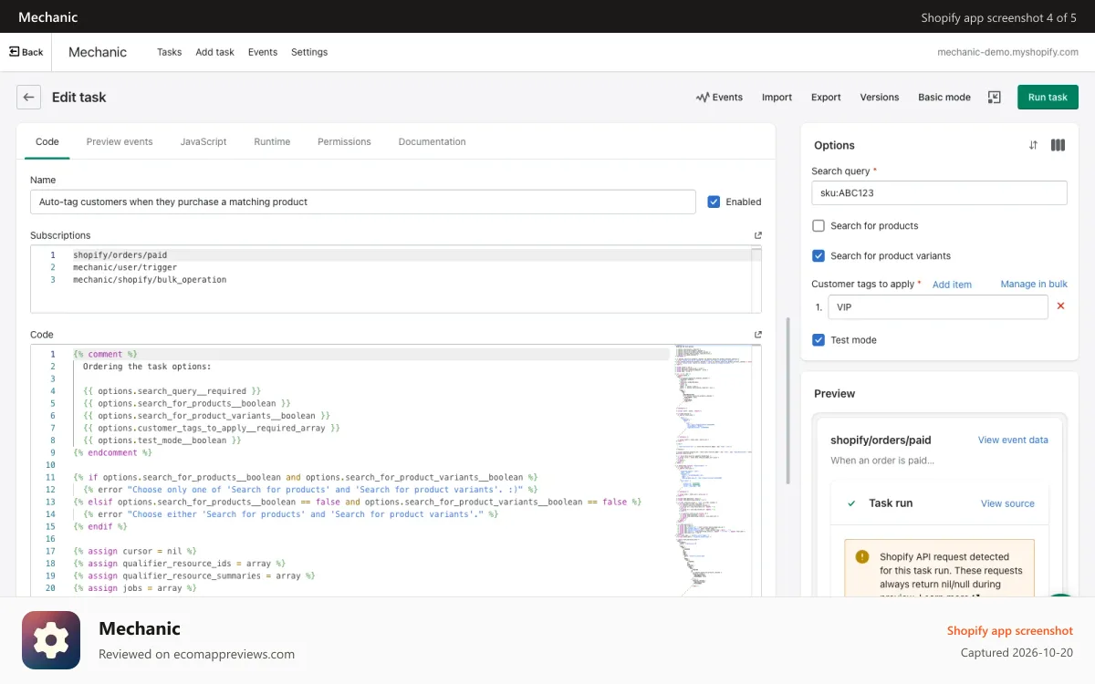 Mechanic Shopify app screenshot: Fullscreen and task's advanced settings, to edit its code