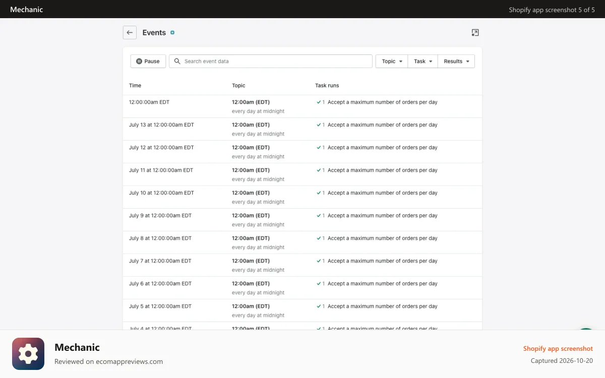 Mechanic Shopify app screenshot: Viewing recent events