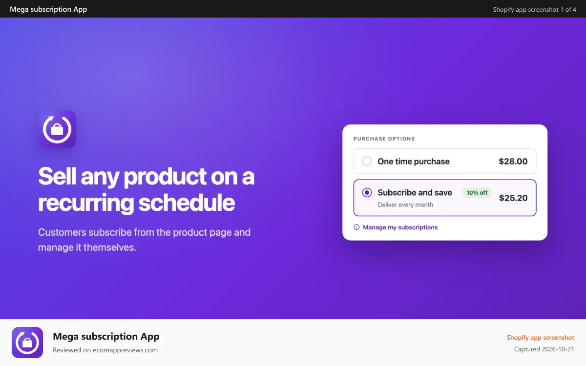 Mega subscription App Shopify app screenshot: Admin list of active subscriptions with renewal dates