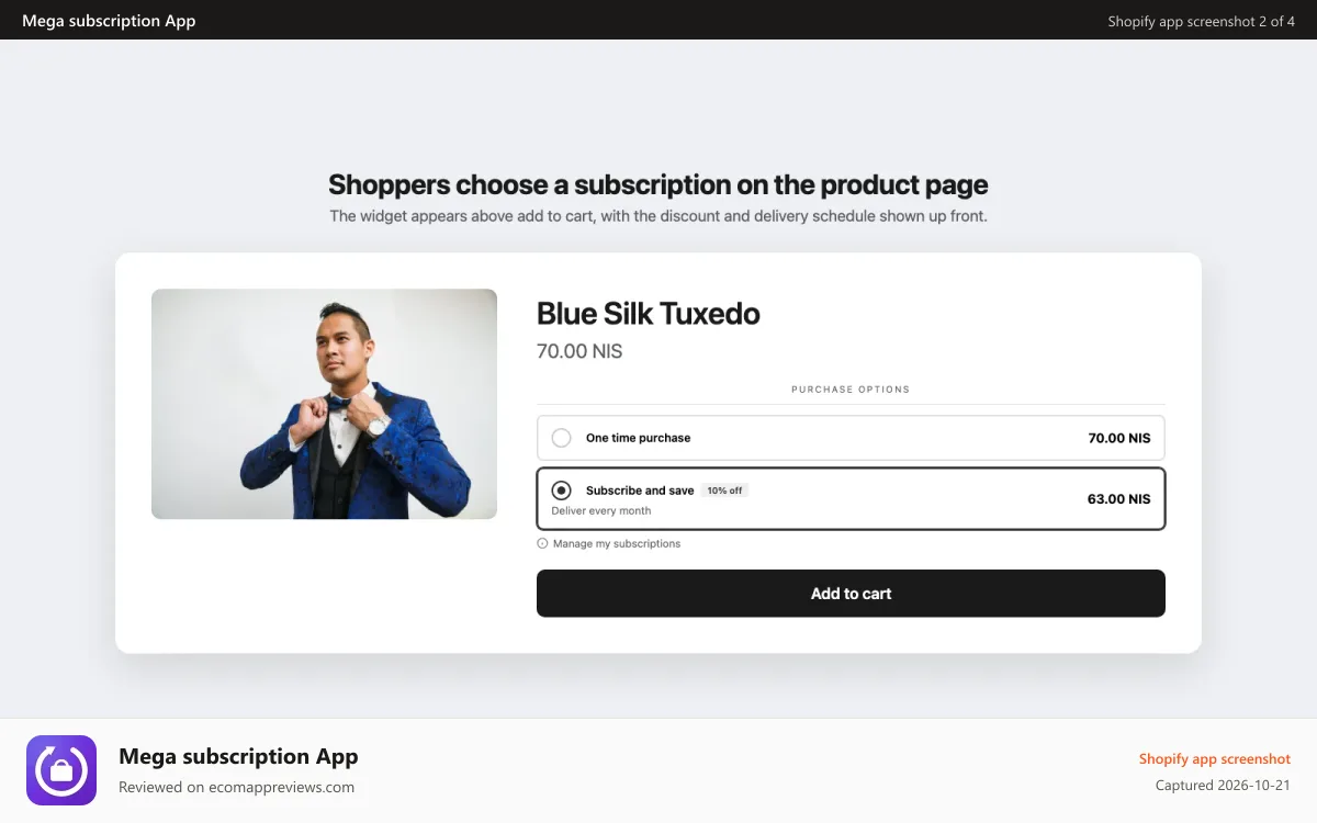 Mega subscription App Shopify app screenshot: Subscribe and save option shown on a product page