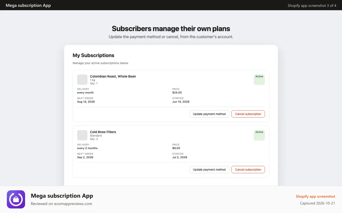 Mega subscription App Shopify app screenshot: Customer portal showing subscriptions with cancel option