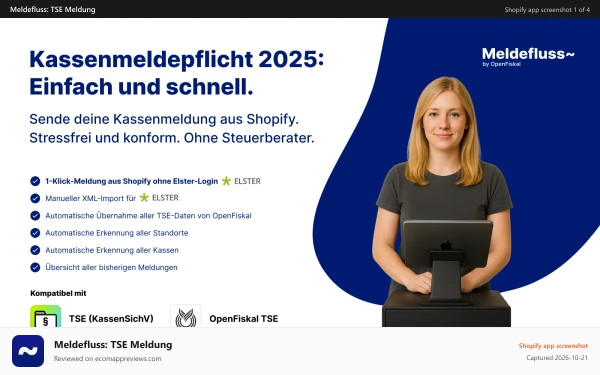 Meldefluss: TSE Meldung Shopify app screenshot: Kassenmeldepflicht 2025: Einfach und schnell.