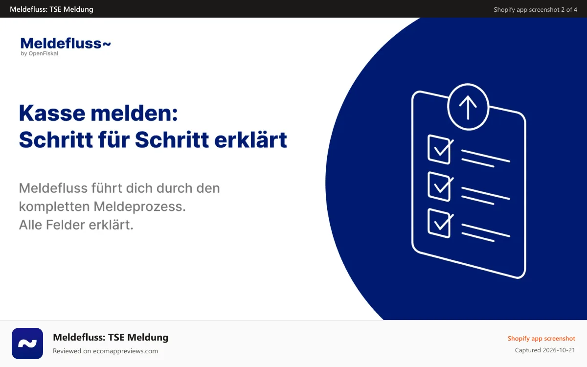 Meldefluss: TSE Meldung Shopify app screenshot: Kasse melden: Schritt für Schritt erklärt