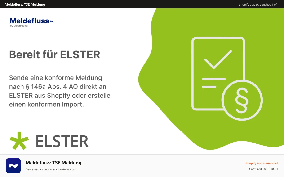 Meldefluss: TSE Meldung Shopify app screenshot: Bereit für ELSTER