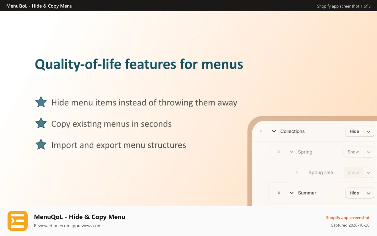 MenuQoL ‑ Hide & Copy Menu Shopify app screenshot: Hide menu items, duplicate navigation menus, import/export menu