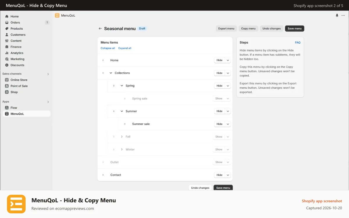 MenuQoL ‑ Hide & Copy Menu Shopify app screenshot: Navigation menu draft mode