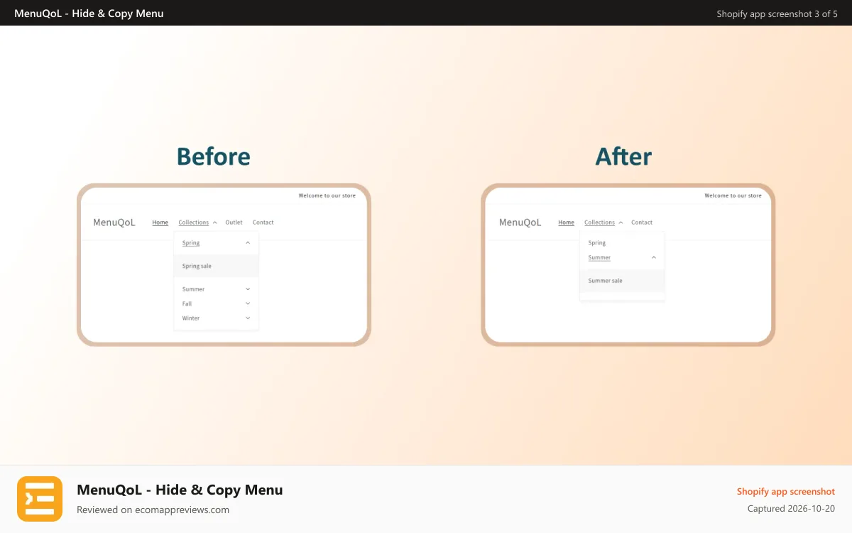 MenuQoL ‑ Hide & Copy Menu Shopify app screenshot: Navigation menu before and after