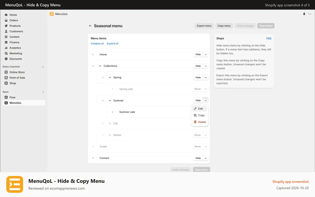 MenuQoL ‑ Hide & Copy Menu Shopify app screenshot: Menu item popover