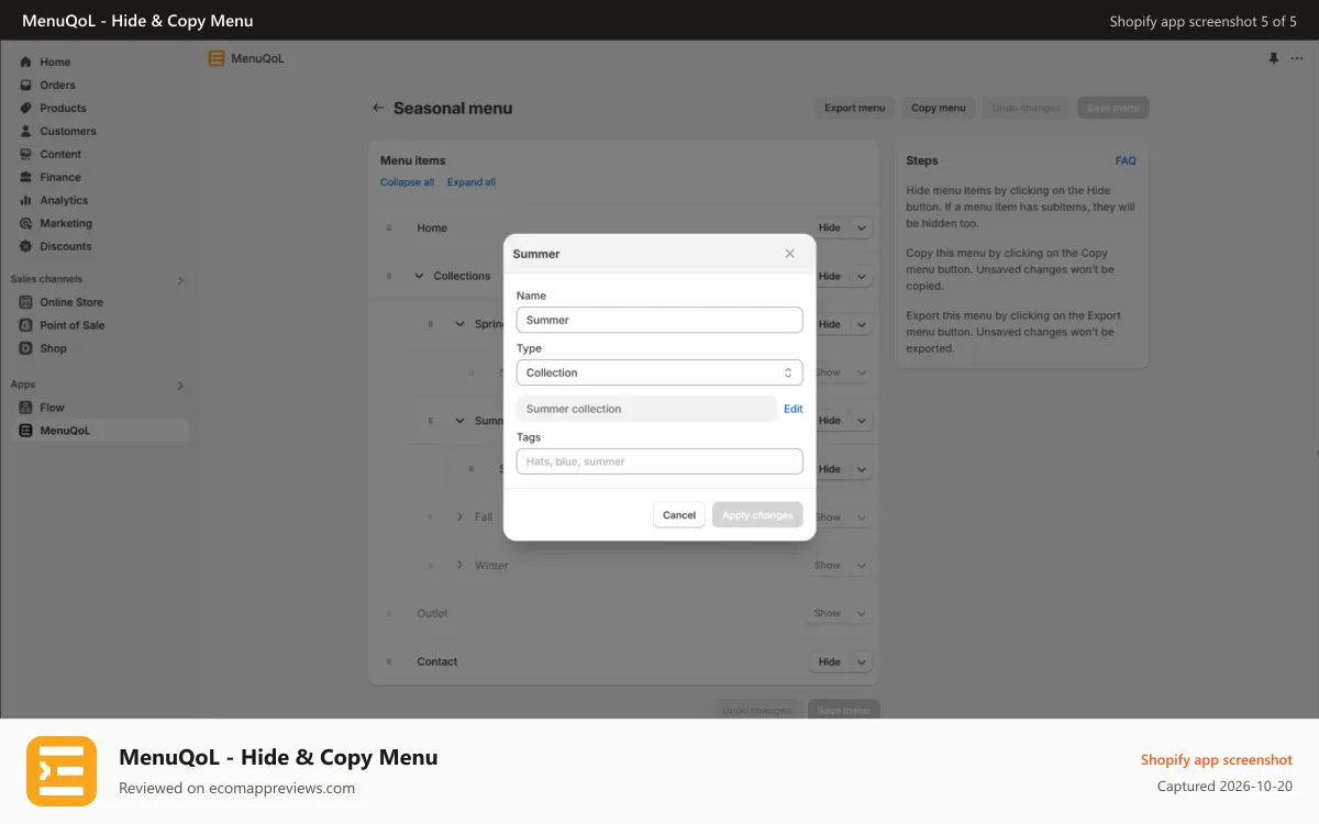 MenuQoL ‑ Hide & Copy Menu Shopify app screenshot: Menu item edit