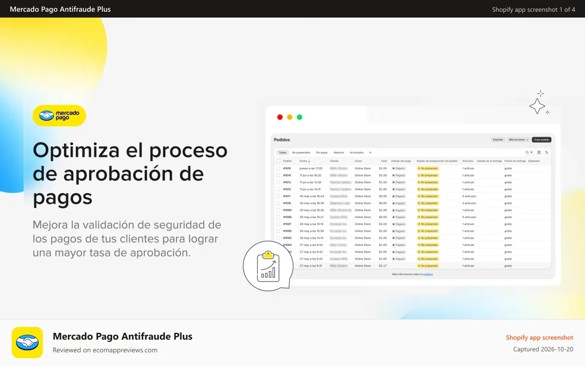 Mercado Pago Antifraude Plus Shopify app screenshot: Optimiza la aprobación de los pagos