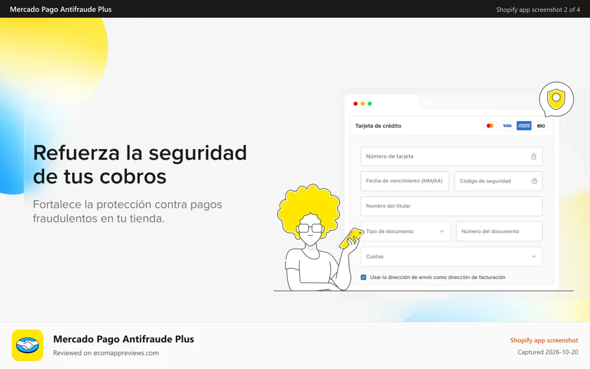 Mercado Pago Antifraude Plus Shopify app screenshot: Refuerza la seguridad de tus cobros