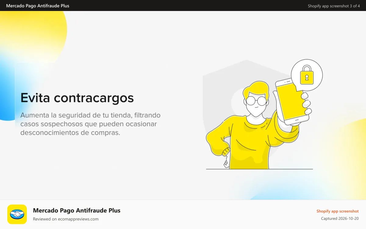Mercado Pago Antifraude Plus Shopify app screenshot: Evita contracargos