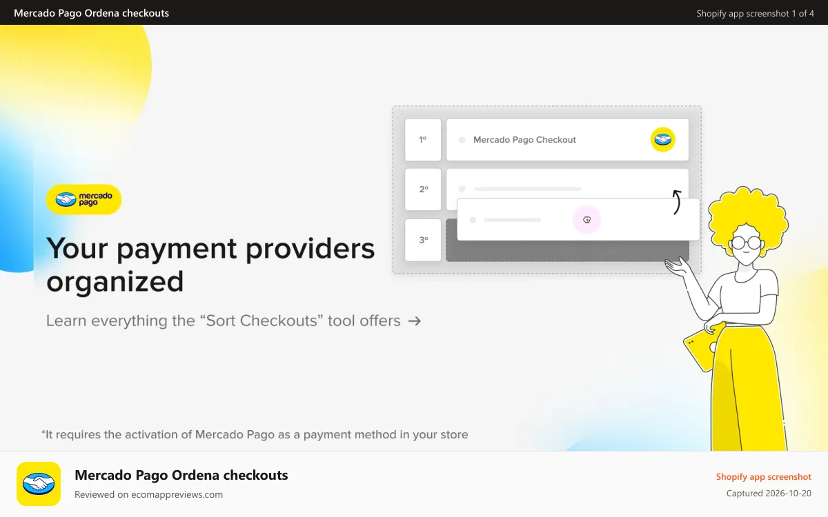 Mercado Pago Ordena checkouts Shopify app screenshot: Enable Mercado Pago as a payment method in your Shopify store