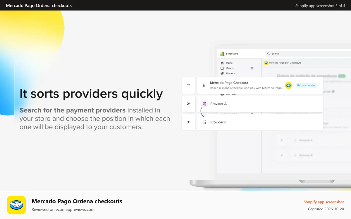 Mercado Pago Ordena checkouts Shopify app screenshot: Choosing the position of each payment provider is fast and easy!