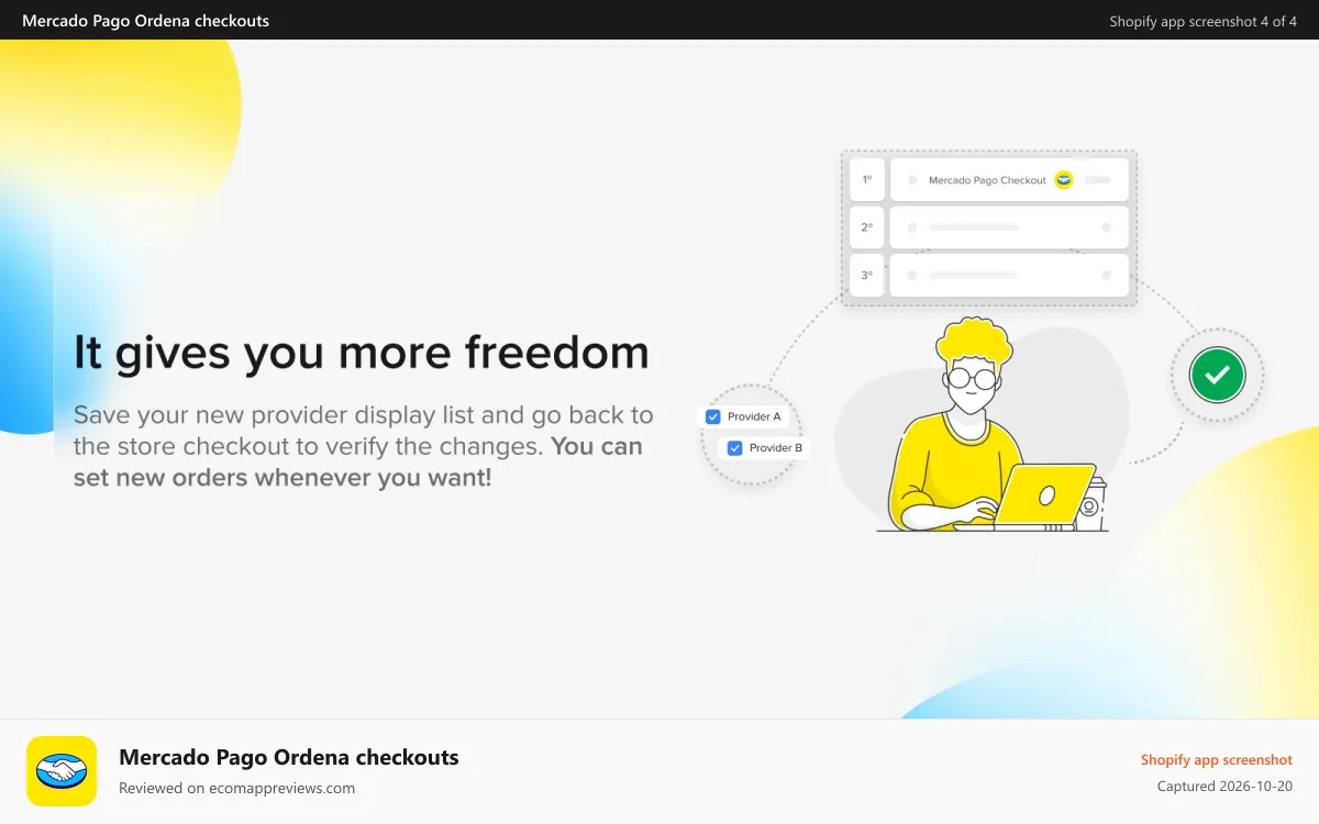 Mercado Pago Ordena checkouts Shopify app screenshot: Customize the display order, save it and check it in your store