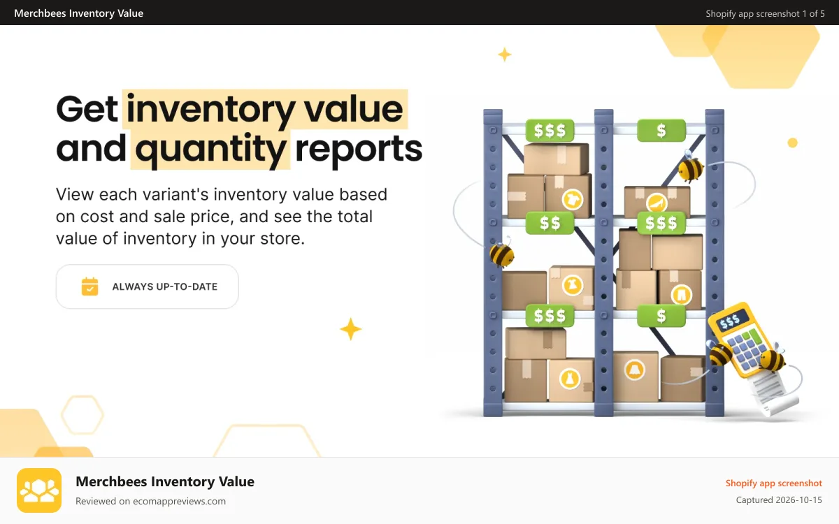 Merchbees Inventory Value Shopify app screenshot: shopify real-time inventory value report