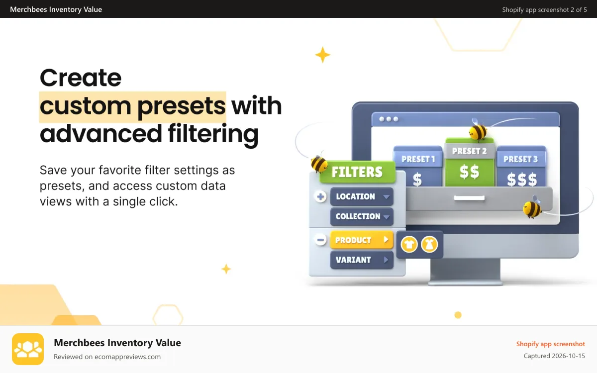 Merchbees Inventory Value Shopify app screenshot: shopify custom preset and filtering