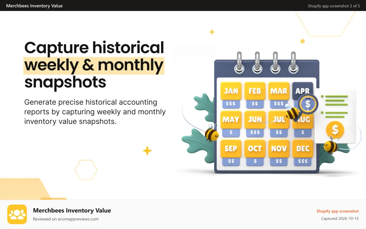 Merchbees Inventory Value Shopify app screenshot: shopify historical weekly and monthly inventory value snapshots