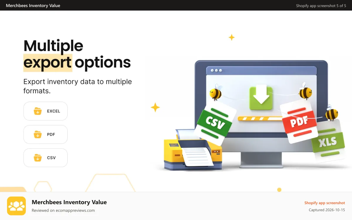 Merchbees Inventory Value Shopify app screenshot: shopify inventory value reports with multiple export options