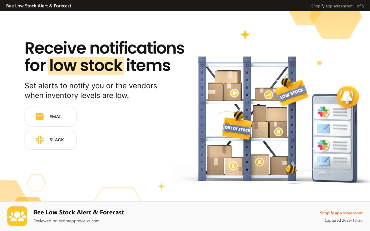 Bee Low Stock Alert & Forecast Shopify app screenshot: Email and slack notifications for low stock products on Shopify