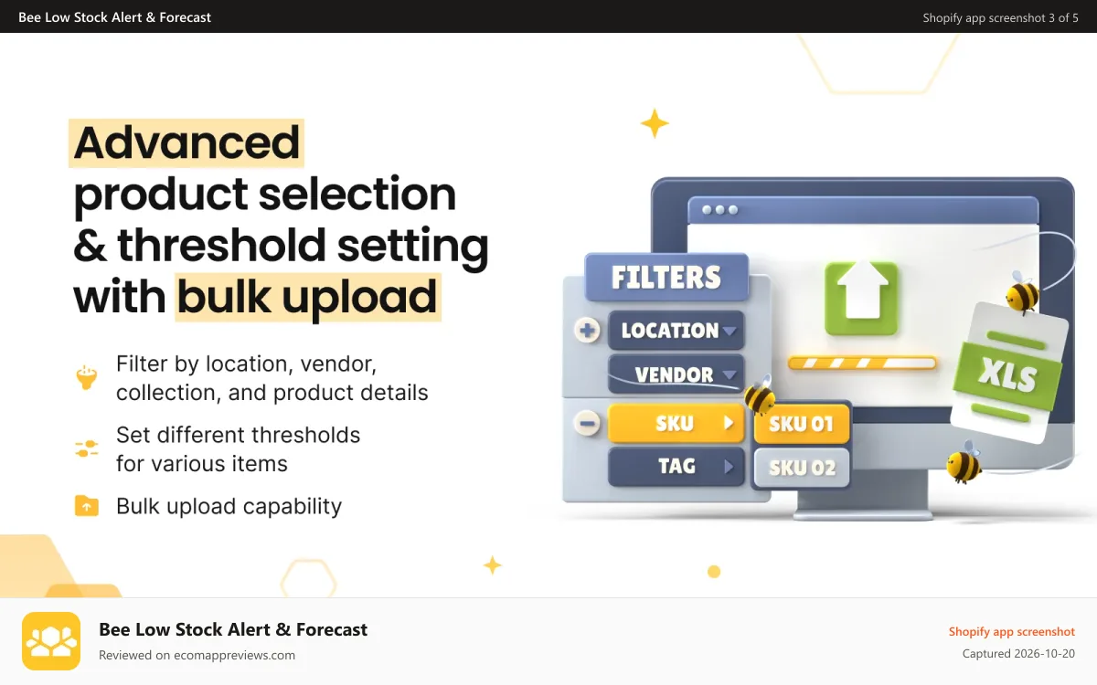 Bee Low Stock Alert & Forecast Shopify app screenshot: Create low stock alert with bulk uploads and filters on Shopify