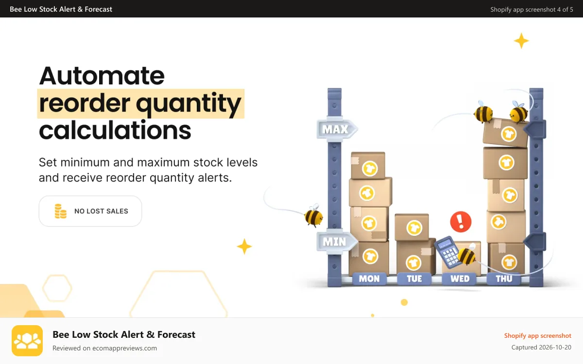 Bee Low Stock Alert & Forecast Shopify app screenshot: Shopify automate reorder quantity calculations