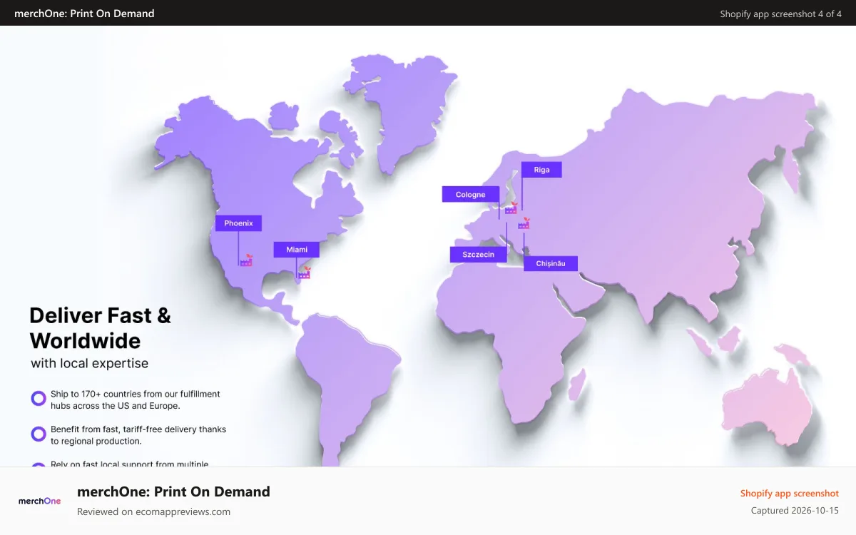 merchOne: Print On Demand Shopify app screenshot: Fast delivery, local expertise