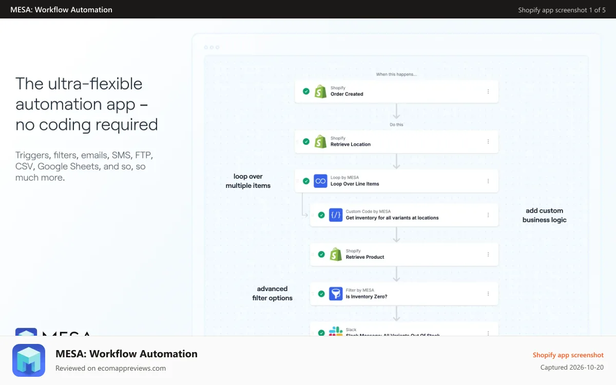 MESA: Workflow Automation Shopify app screenshot: The ultra-flexible workflow automation app - no coding