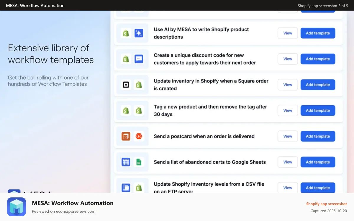 MESA: Workflow Automation Shopify app screenshot: A library of workflow templates - FTP, SMS, Shopify Flow & more